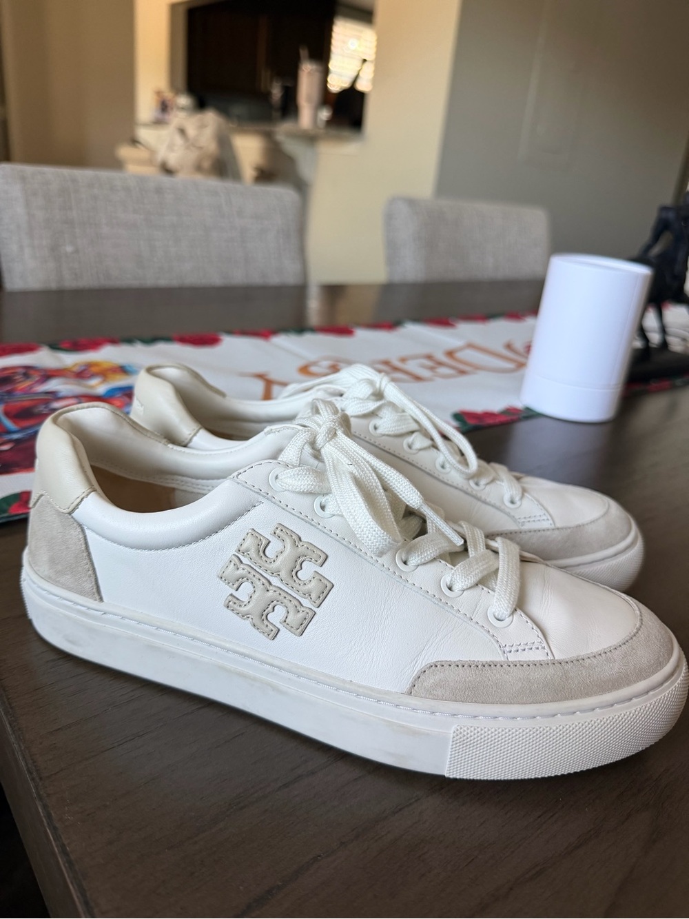 Tory Burch Cream and Beige Leather Logo Sneakers